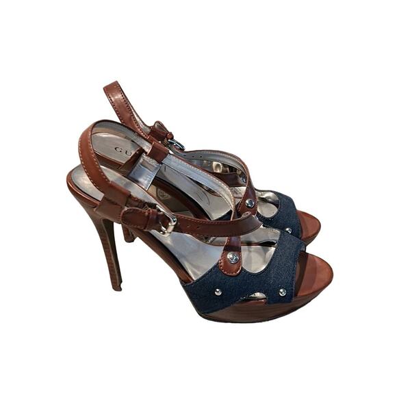 Guess Blue Denim Studded Sandal High Heels Blue & Brown  Size 8M - Picture 1 of 7